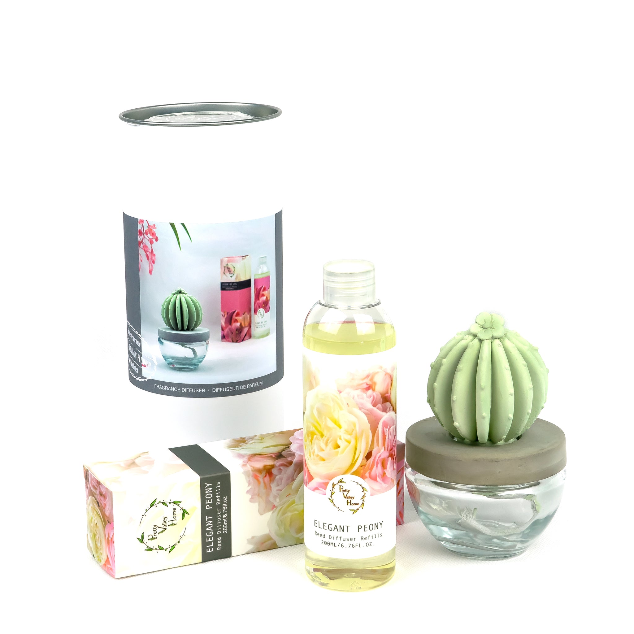 Barrel Cactus Ceramic Flower Fragrance Diffuser Combo Elegant Peony 200ml DFC-BRL-9134