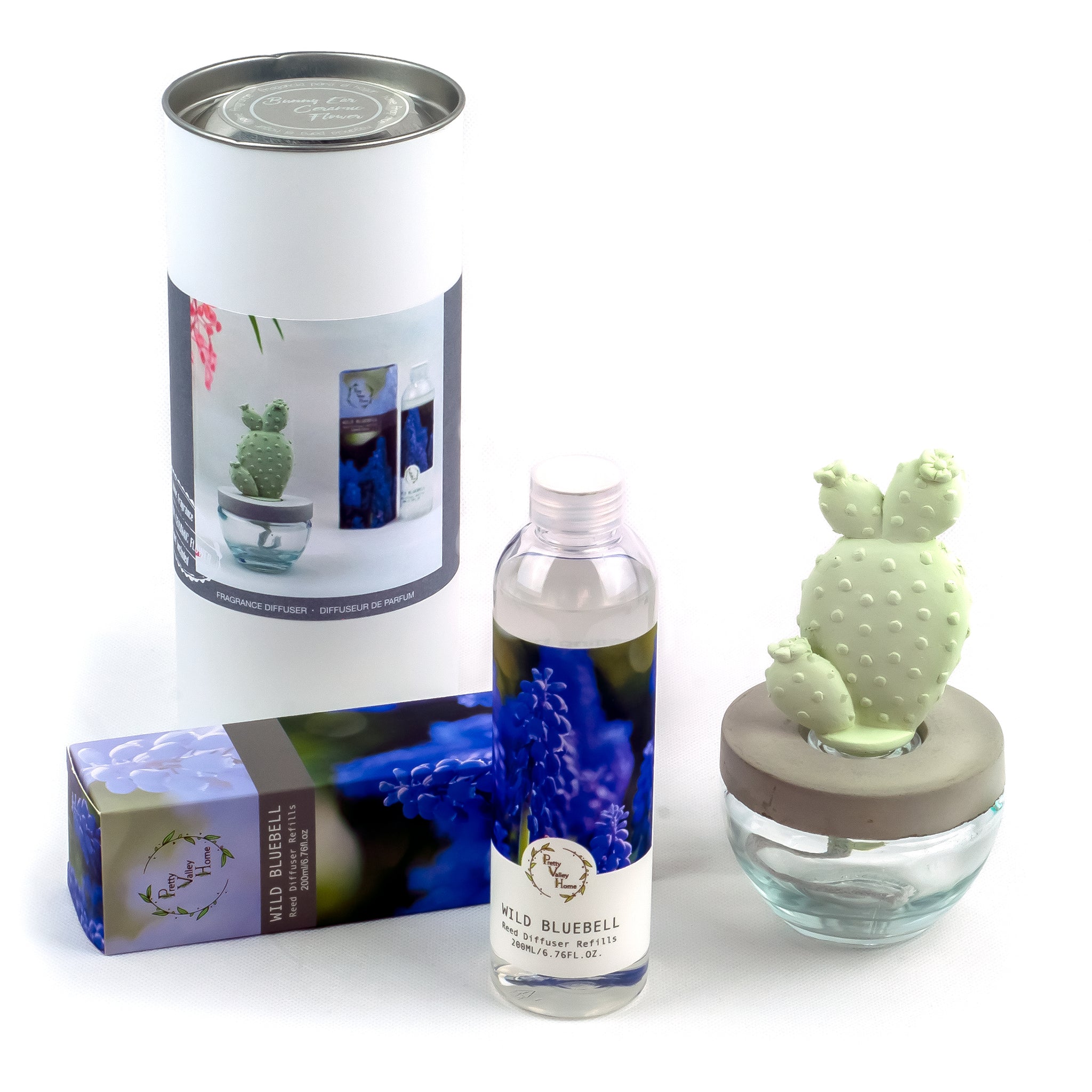 Bunny Ear Cactus Ceramic Flower Fragrance Diffuser Combo Wild Bluebell 200ml DFC-BNY-9134